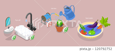 3D Isometric Flat Vector Illustration of Water Saving, Water Conservation And Saving Drinkable Resources 3D Isometric Flat Vector Illustration of Water Saving, Water Conservation And Saving Drinkable Resources 120792752