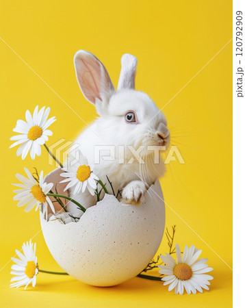 White bunny in an Easter egg with daisy flowers on yellow background. Greetings card, poster, flayer, banner concept 120792909