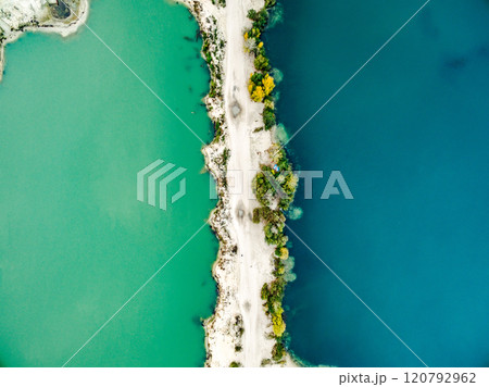 sandy shore with colourful water 120792962