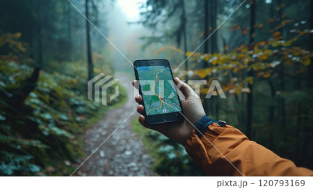 Person navigating forest trail with smartphone gps in misty autumn 120793169