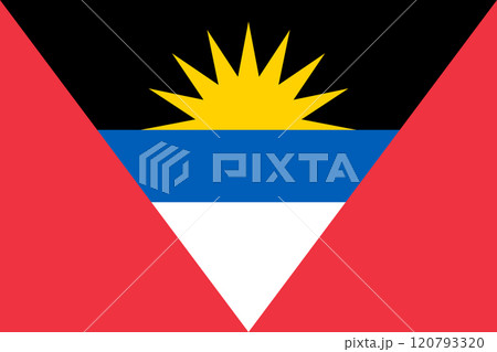 Antigua and Barbuda flag in official colors, dimensions and aspect ratio. Vector flag symbolizing national pride, identity, heritage, patriotism and authority 120793320