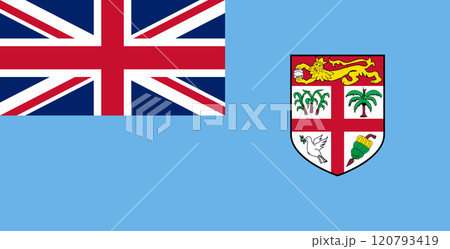 Fiji flag in official colors, dimensions and aspect ratio. Vector flag symbolizing national pride, identity, heritage, patriotism and authority 120793419
