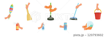 Hand with Cleaning Tool Do Domestic Chore Vector Set 120793602
