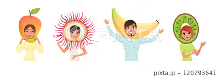 Man and Woman Character in Fruit Headdress and Head Wear Vector Set Man and Woman Character in Fruit Headdress and Head Wear Vector Set 120793641