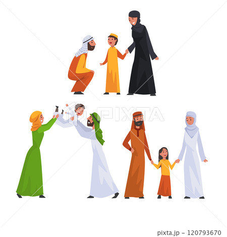 Arab Families in Traditional Clothes Set, Happy Muslim Parents with Their Children Vector Illustration Arab Families in Traditional Clothes Set, Happy Muslim Parents with Their Children Vector Illustration 120793670