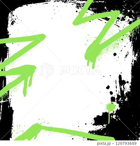 Grunge graffiti spray with acid and punk elements on a torn, worn paper background. Black and green paint creates a retro album cover effect with a grainy, textured finish 120793689