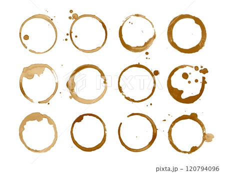 Coffee stain. Black coffee rings on surface. Brown tea spots spilling from cup. Grunge circle stamps. Decorative drink drops and stains. Liquid stain frame. Vector set Coffee stain. Black coffee rings on surface. Brown tea spots spilling from cup. Grunge circle stamps. Decorative drink drops and stains. Liquid stain frame. Vector set 120794096