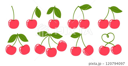 Cherry. Cartoon red cherries. Cute ripe berry with green leaves in different sides. Summer fruit. Spring seasonal natural food decor. Garden berries. Vector set 120794097