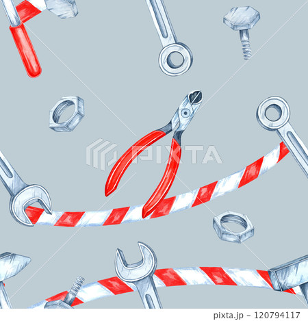 Silver wrenches, bolts, and red pliers with striped red-and-white ribbons on a gray background in watercolor clipart style. Suitable for gift wrap, product design, and workshop decor 120794117
