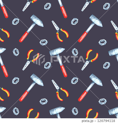 A dark navy background with silver bolts, wrenches, and red-handled tools in a seamless watercolor illustration. Ideal for bold textile designs, DIY-themed decor, and unique packaging 120794118