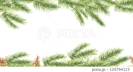 Realistic watercolor pine branches with subtle brown pine cones create a seamless border clipart. Perfect for gift tags, holiday postcards, or website headers with a natural, evergreen element 120794123