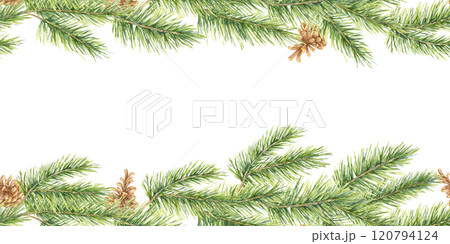 Watercolor pine branches with pine cones, arranged as a seamless border clipart. Ideal for seasonal decor, scrapbook elements, or product packaging with a natural, rustic touch 120794124