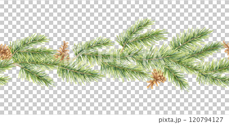A seamless watercolor border of pine branches with realistic brown pine cones. Evergreen festive plant. This clipart is perfect for holiday decor, packaging, or gift tags, giving a rustic, earthy look 120794127