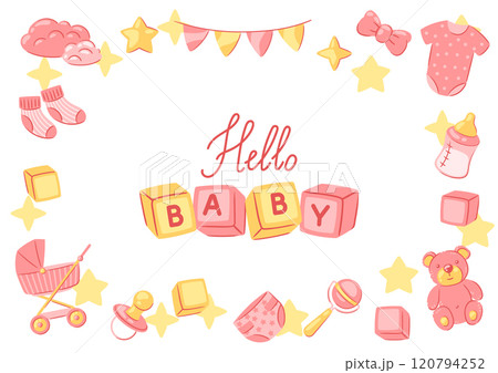 Baby shower frame. New born baby girl Happy Birthday. 120794252