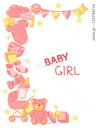 Baby shower frame. New born baby girl Happy Birthday. Baby shower frame. New born baby girl Happy Birthday. 120794254