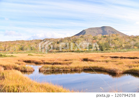 池塘と草もみじの美しい神仙沼の秋景色 120794258