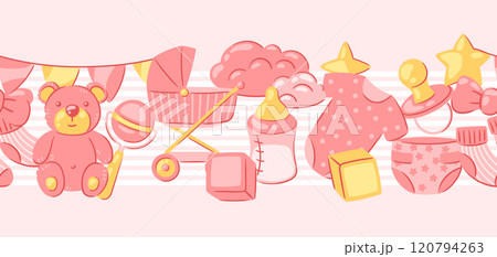 Baby shower pattern. New born baby girl Happy Birthday Baby shower pattern. New born baby girl Happy Birthday 120794263