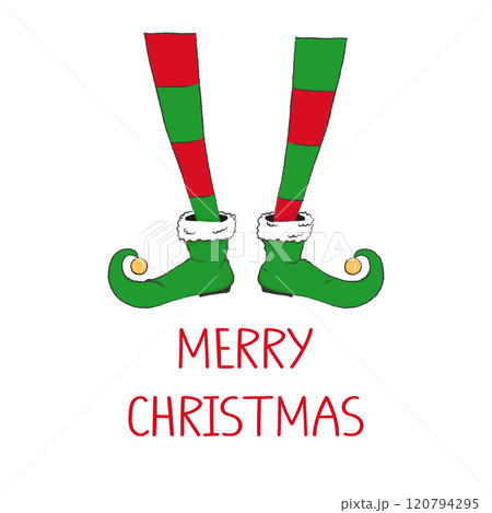 A simple Merry Christmas card. An illustration of an elf wearing striped socks and text. 120794295