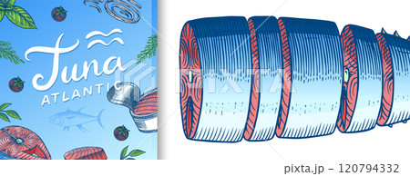 Tuna seafood banner. Fishes sketch poster. Retro ink style. Freshwater river fish. Sandwich and 120794332