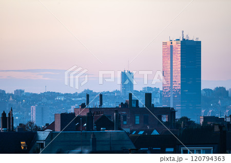 High angle view over a colorful sunrise of the business district of Brussels Capital Belgium 120794363