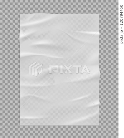 Moist paper wrinkled poster, wet paper sheet template with transparent crumpled texture, vector glued creased white tape 120794450