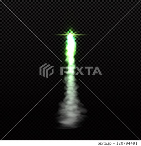 Rocket fire smoke trail with vapor and spark, vector realistic space jet aircraft launch trail, green fire burst trace 120794491