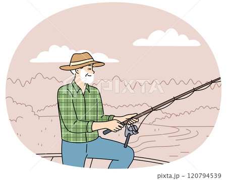 Elderly fisherman fishes, standing on dock near lake and feels full of energy after retirement 120794539