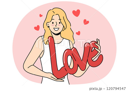Woman demonstrates word love form of balloon, congratulating you on Valentine day or february 14th 120794547