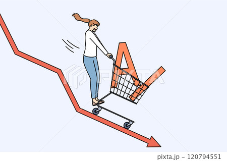 Drop in demand for AI caused by crisis demonstrated by woman going down chart, holding shopping cart Drop in demand for AI caused by crisis demonstrated by woman going down chart, holding shopping cart 120794551