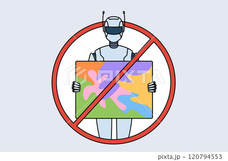 Ban on use of AI in art is shown by sign with crossed out robot holding artwork. 120794553