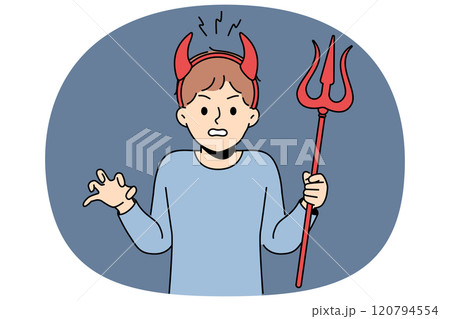 Little bully boy with devil horns makes evil grimace and terrorizes teachers at school Little bully boy with devil horns makes evil grimace and terrorizes teachers at school 120794554