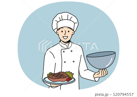 Man chef holds tray with beef steak and vegetables, inviting you to visit restaurant 120794557