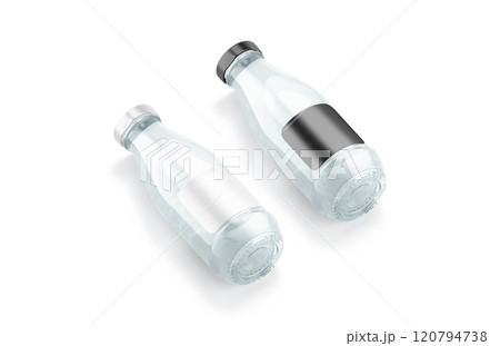 Blank transparent glass water bottle black and white label mockup 120794738