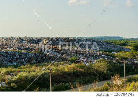 Garbage landfill. Problems with recycling and sorting garbage. Environment pollution 120794748
