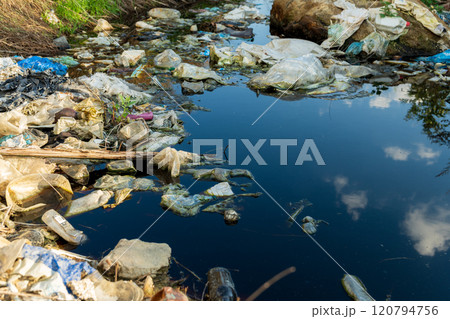 Lake covered with floating garbage and plastic waste. Environment pollution Lake covered with floating garbage and plastic waste. Environment pollution 120794756