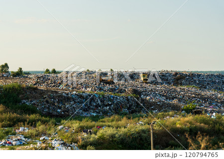 Environment pollution. A large accumulation of garbage. Garbage pile in trash dump or landfill Environment pollution. A large accumulation of garbage. Garbage pile in trash dump or landfill 120794765