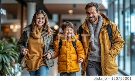 A family walking down the street holding hands and smiling A family walking down the street holding hands and smiling 120795001