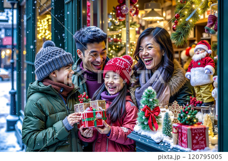 A family opening a Christmas gift in front of a store window A family opening a Christmas gift in front of a store window 120795005