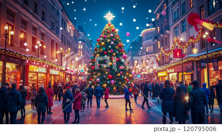 A crowd of people walking down a city street with a large Christmas tree 120795006