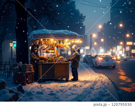 A man selling food on a snowy street at night 120795030