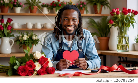 Portrait of a happy African male florist with dreads, smiling with a bouquet of red roses and white flowers with a red ribbon and heart-shaped card in light studio 120795254