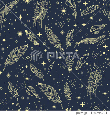 Linear stars and feathers seamless pattern vector 120795291