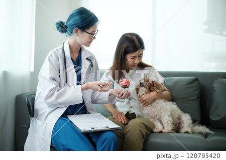 A woman is sitting on a couch with a dog in her lap 120795420