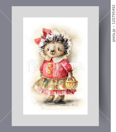 Plush hedgehog doll with woman dress holding basket in hand on poster. Watercolor artwork Plush hedgehog doll with woman dress holding basket in hand on poster. Watercolor artwork 120795492