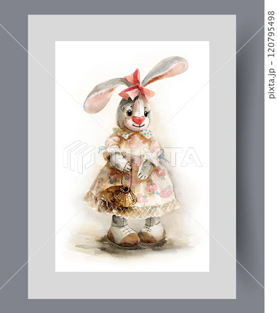 Toy plush hare in vintage women dress for children games on poster. Watercolor artwork Toy plush hare in vintage women dress for children games on poster. Watercolor artwork 120795498