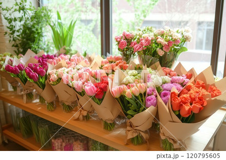 Bouquet of pink, white, and purple tulips artistically arranged and wrapped in kraft paper in a flower shop 120795605