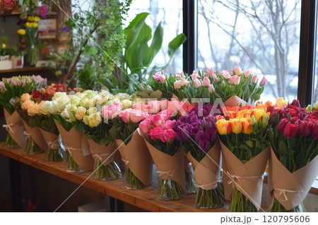 Flower shop with arrangements of tulips and roses in vases placed along large windows and shelves 120795606