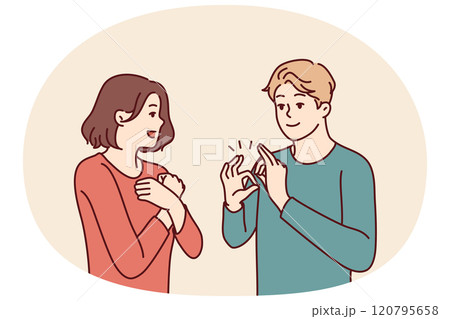 Deaf-mute man and woman are talking using sign language and demonstrating symbols with hands Deaf-mute man and woman are talking using sign language and demonstrating symbols with hands 120795658