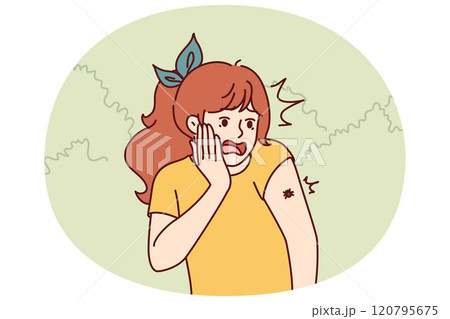Frightened teenage girl with tick crawling on arm screams for fear contracting infection 120795675