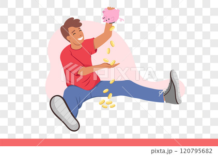 Happy man shakes out money and piggy banks and rejoices at presence of financial savings 120795682